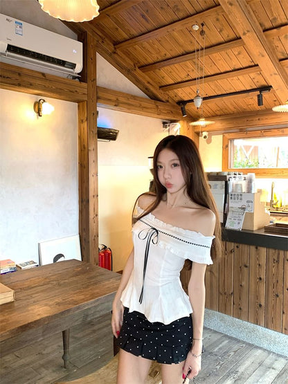 Off-Shoulder Ruffle Blouse and Dotted Mini Skirt