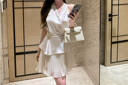 V-Neck Wrap Blouse & High-Waist Pleated Mini Skirt