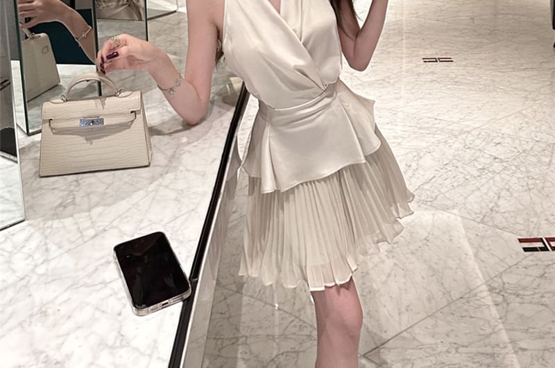 V-Neck Wrap Blouse & High-Waist Pleated Mini Skirt