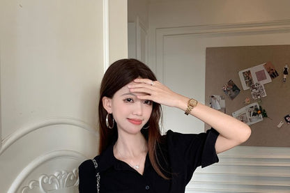 Collared Button-Up Shirt and Mini Pleated Skirt