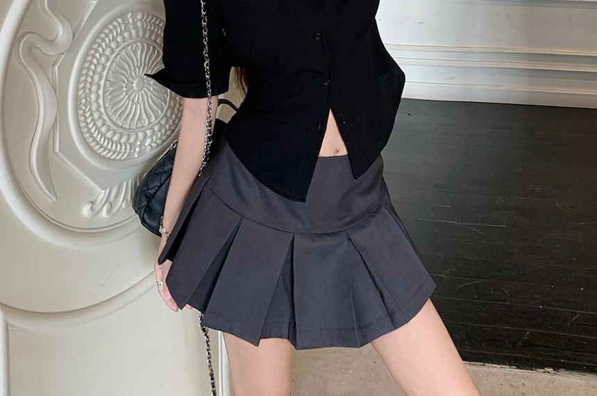 Collared Button-Up Shirt and Mini Pleated Skirt