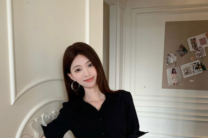 Collared Button-Up Shirt and Mini Pleated Skirt