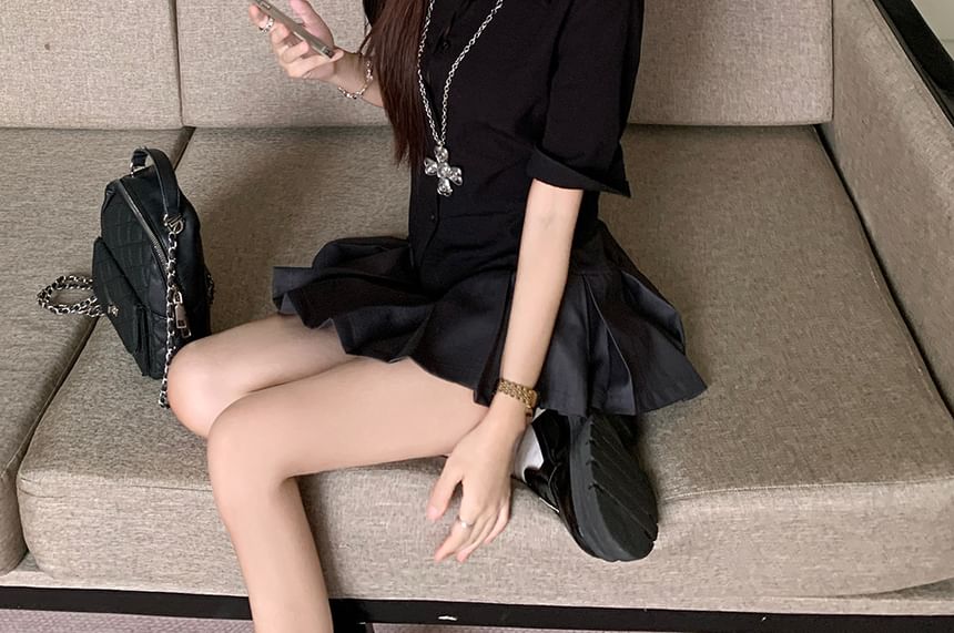 Collared Button-Up Shirt and Mini Pleated Skirt