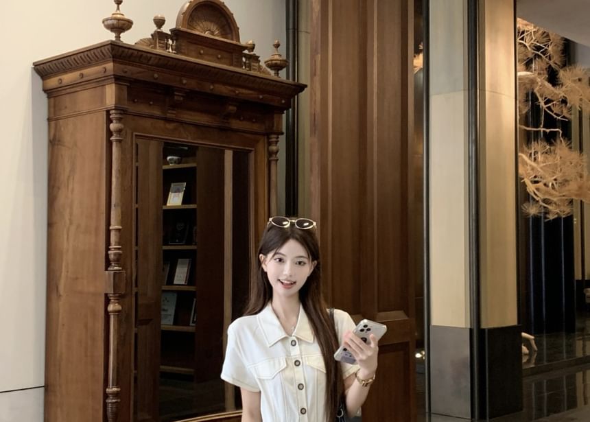 Collared Button Up Maxi Dress with Belt Slit - Altfashion Shop