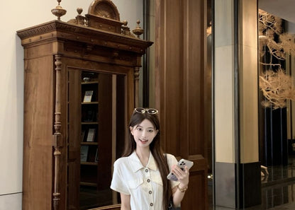 Collared Button Up Maxi Dress with Belt Slit - Altfashion Shop
