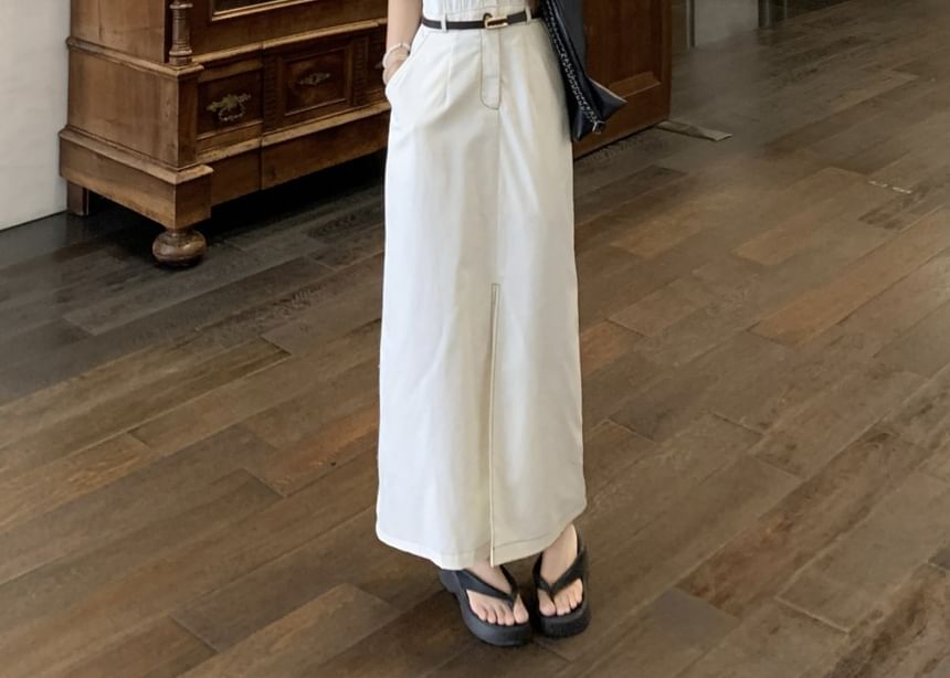 Collared Button Up Maxi Dress with Belt Slit - Altfashion Shop