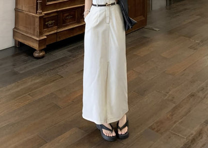 Collared Button Up Maxi Dress with Belt Slit - Altfashion Shop