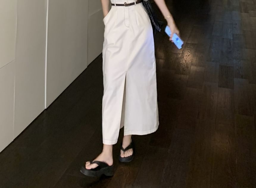 Collared Button Up Maxi Dress with Belt Slit - Altfashion Shop