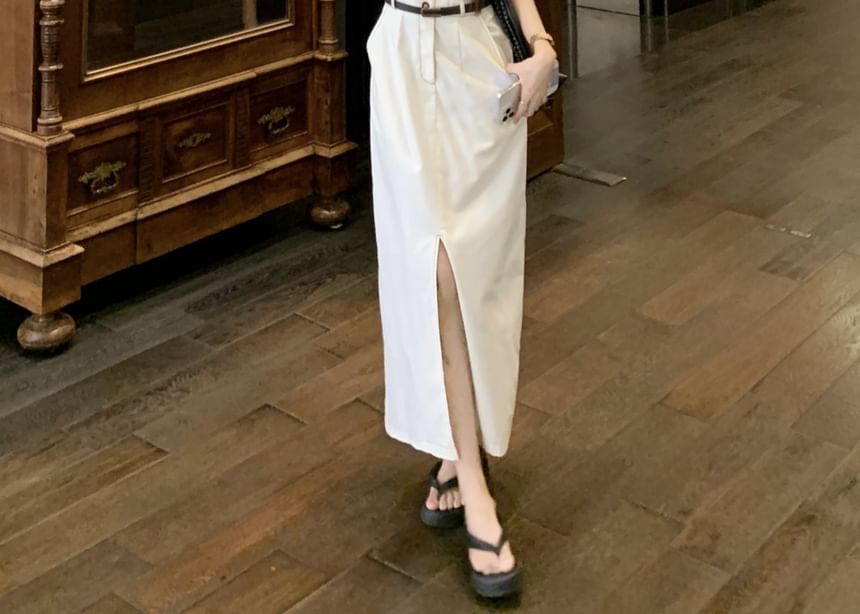 Collared Button Up Maxi Dress with Belt Slit - Altfashion Shop