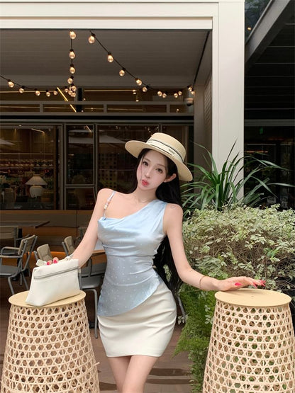 Cowl Neck Asymmetrical Top & High-Waist Pencil Skirt