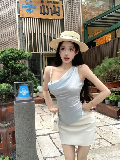 Cowl Neck Asymmetrical Top & High-Waist Pencil Skirt