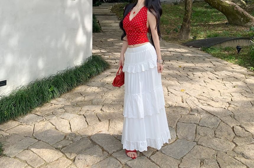 Halter Neck Dotted Cami & High-Waist Ruffle Maxi Skirt