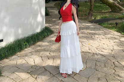 Halter Neck Dotted Cami & High-Waist Ruffle Maxi Skirt