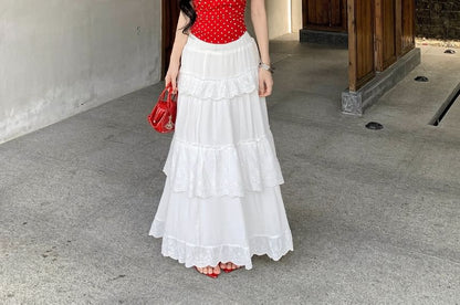 Halter Neck Dotted Cami & High-Waist Ruffle Maxi Skirt