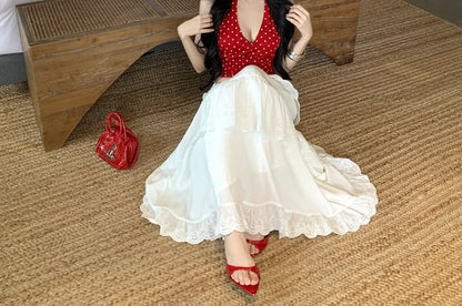 Halter Neck Dotted Cami & High-Waist Ruffle Maxi Skirt