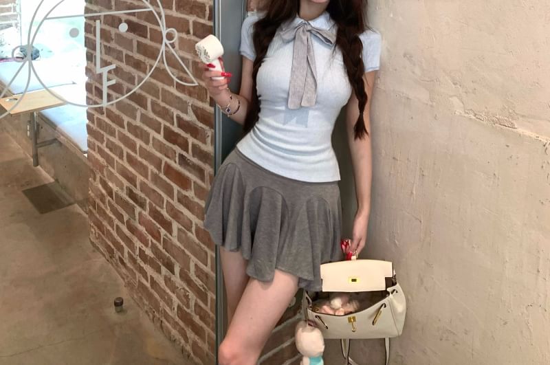 Polo Shirt and Plain Mini A-Line Skirt Set