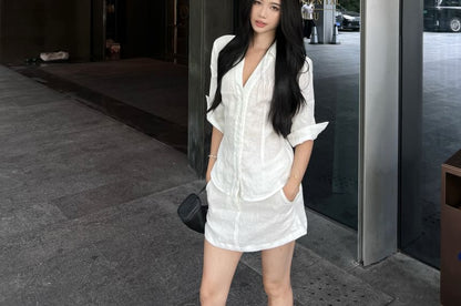 V-Neck Button-Up Shirt with Elbow Sleeves & Mini A-Line Skirt