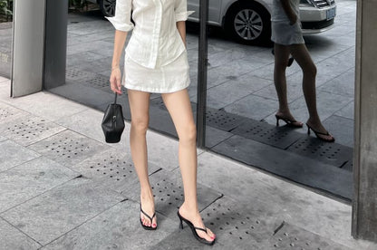 V-Neck Button-Up Shirt with Elbow Sleeves & Mini A-Line Skirt
