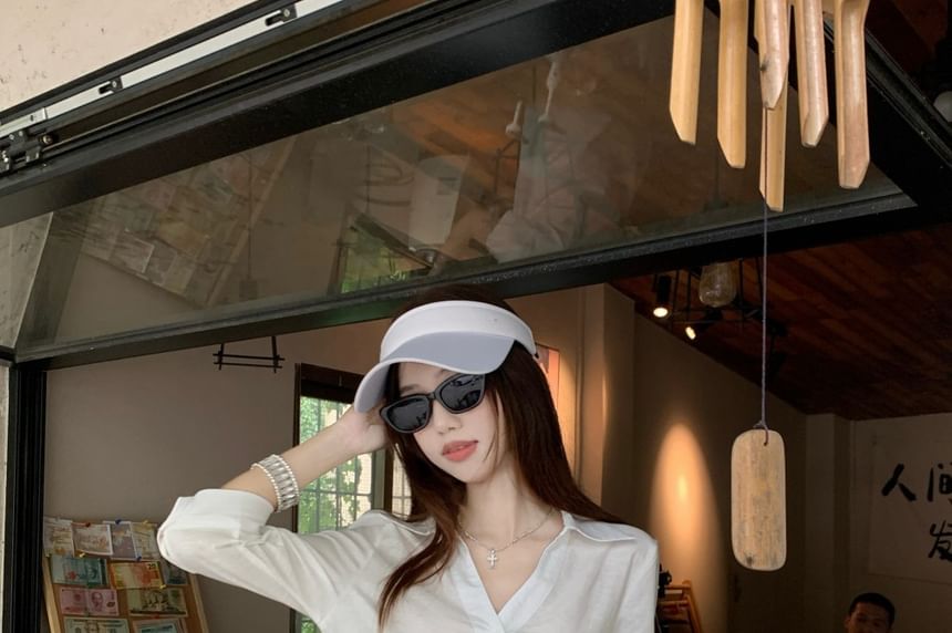 Elbow-Sleeve Collared Shirt & High-Waist Mini A-Line Skirt