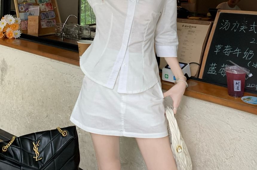 Elbow-Sleeve Collared Shirt & High-Waist Mini A-Line Skirt