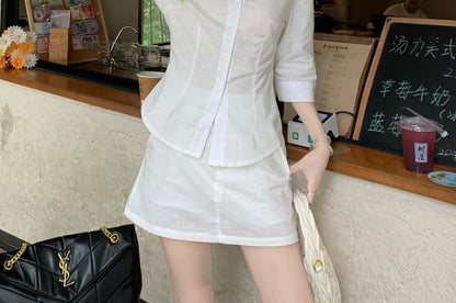 Elbow-Sleeve Collared Shirt & High-Waist Mini A-Line Skirt