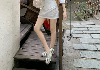Elbow-Sleeve Collared Shirt & High-Waist Mini A-Line Skirt