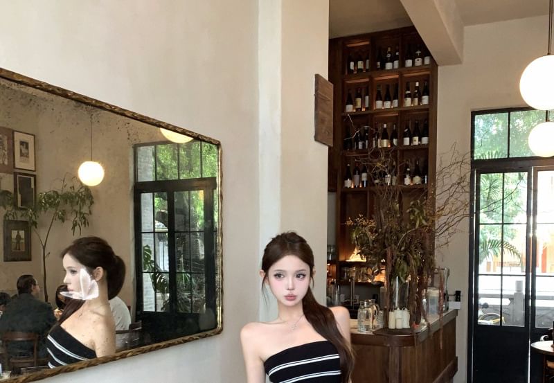 Strapless Striped Crop Top & High-Rise Pencil Skirt Set