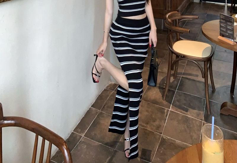 Strapless Striped Crop Top & High-Rise Pencil Skirt Set