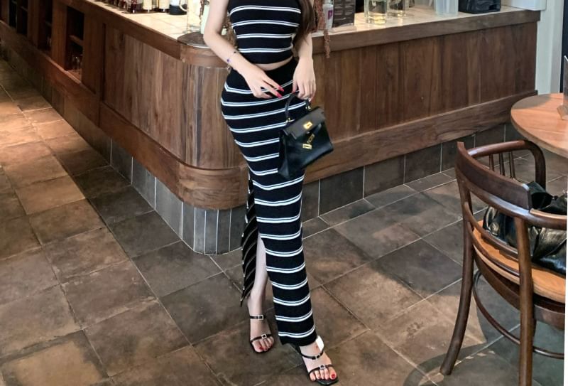 Strapless Striped Crop Top & High-Rise Pencil Skirt Set