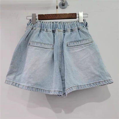 Mid Waist Rhinestone Washed Denim Shorts