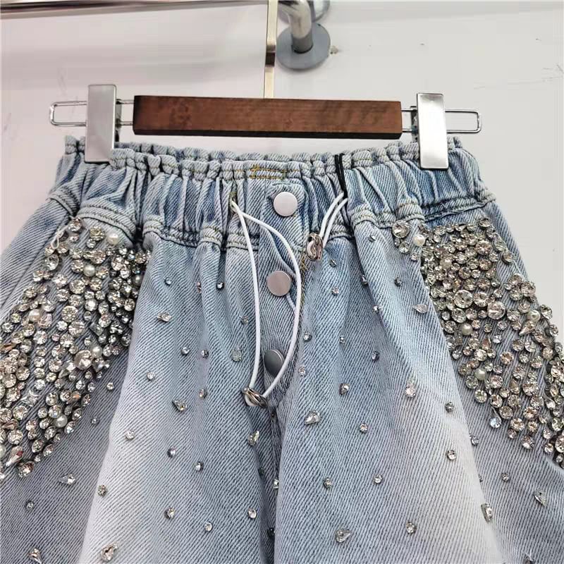 Mid Waist Rhinestone Washed Denim Shorts