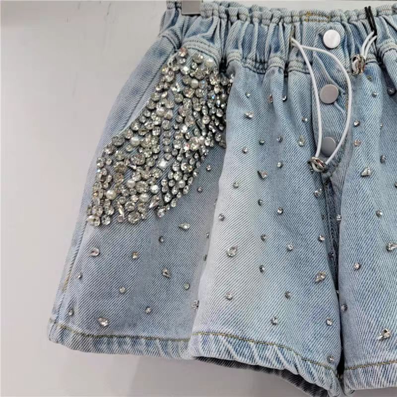 Mid Waist Rhinestone Washed Denim Shorts