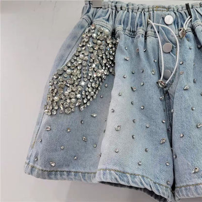 Mid Waist Rhinestone Washed Denim Shorts