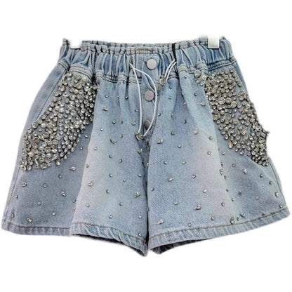 Mid Waist Rhinestone Washed Denim Shorts