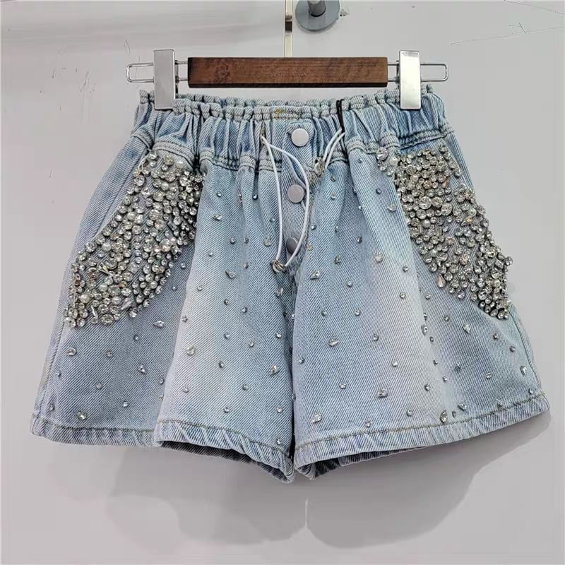 Mid Waist Rhinestone Washed Denim Shorts