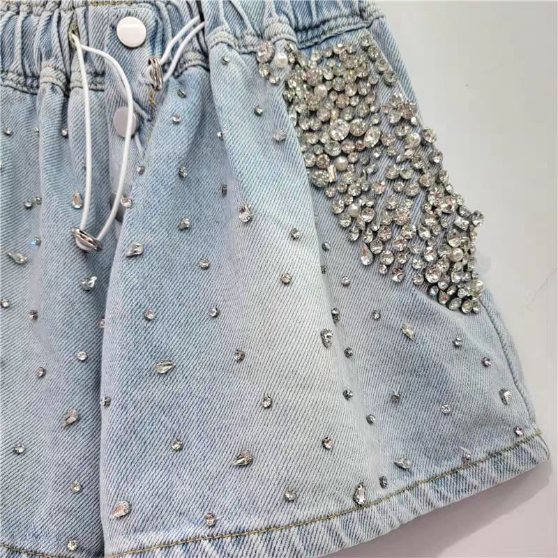 Mid Waist Rhinestone Washed Denim Shorts