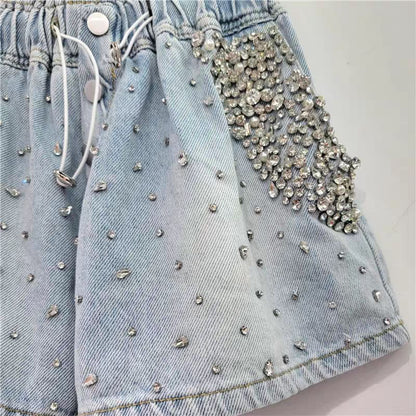 Mid Waist Rhinestone Washed Denim Shorts