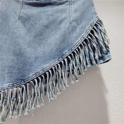 Mid Rise Asymmetrical Fringed Washed Denim Skort