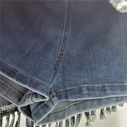 Mid Rise Asymmetrical Fringed Washed Denim Skort