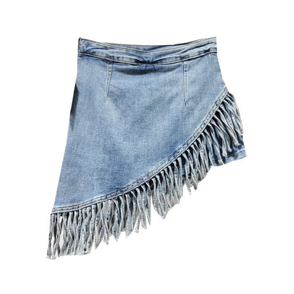 Mid Rise Asymmetrical Fringed Washed Denim Skort