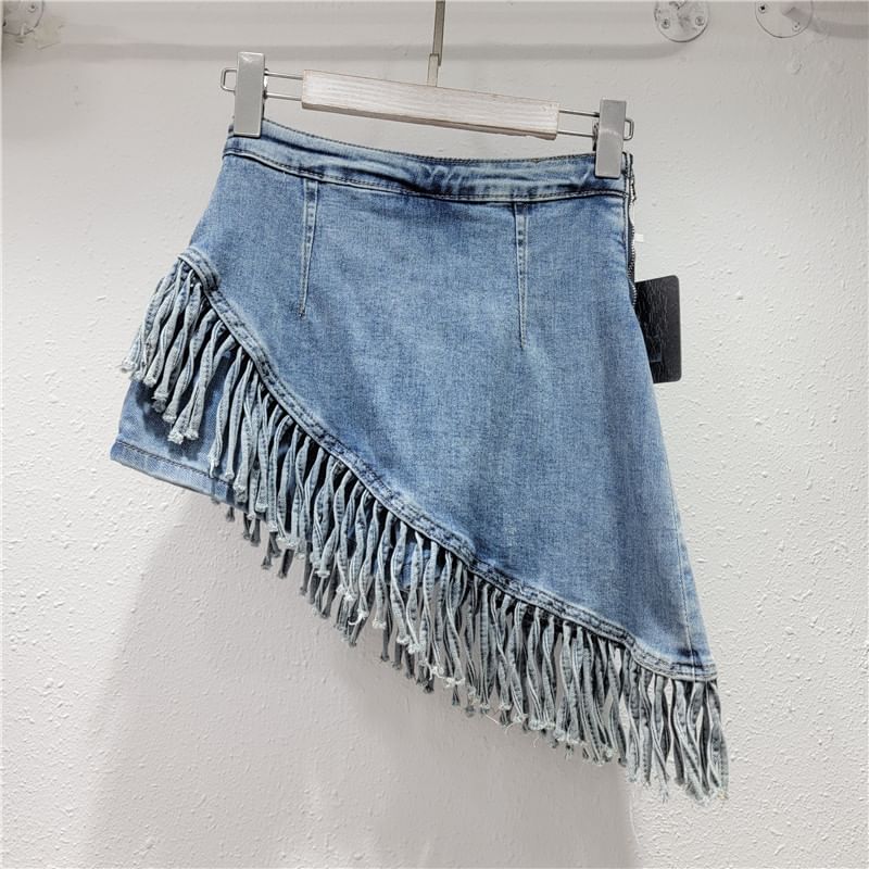 Mid Rise Asymmetrical Fringed Washed Denim Skort