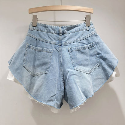 High Waist Ruffle Trim Fringed Washed Denim Shorts