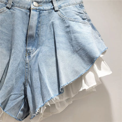 High Waist Ruffle Trim Fringed Washed Denim Shorts
