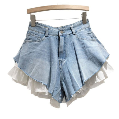 High Waist Ruffle Trim Fringed Washed Denim Shorts