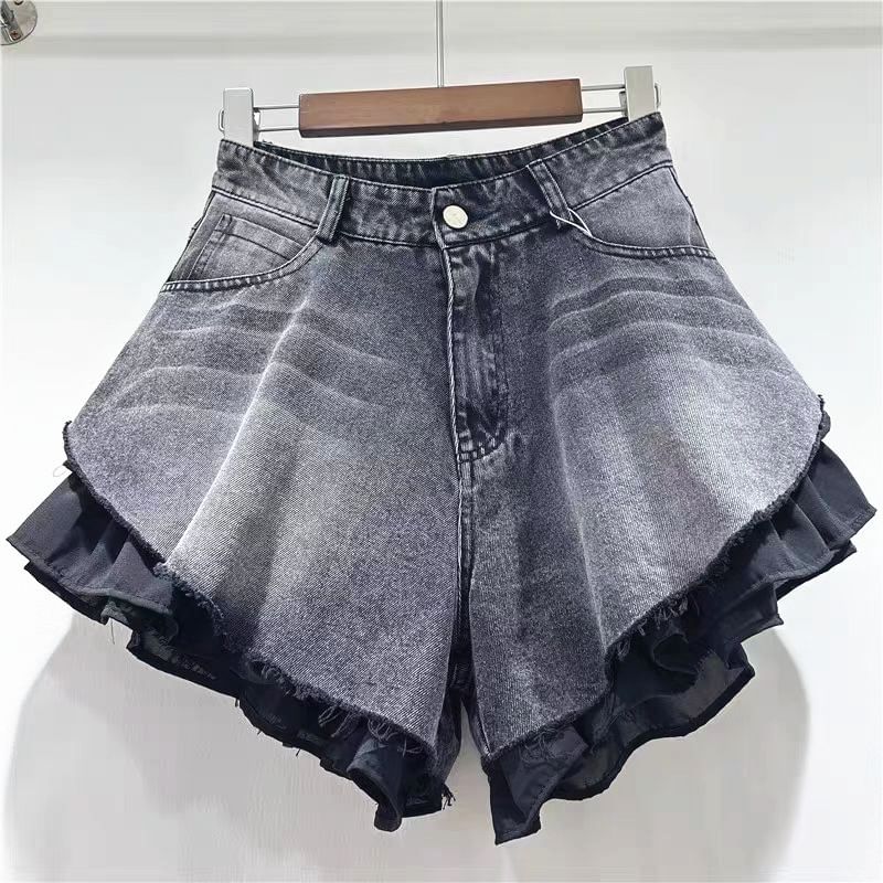 High Waist Ruffle Trim Fringed Washed Denim Shorts