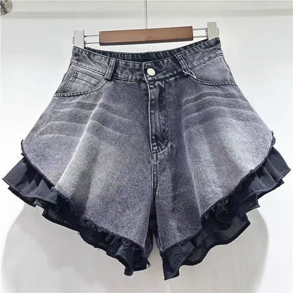 High Waist Ruffle Trim Fringed Washed Denim Shorts