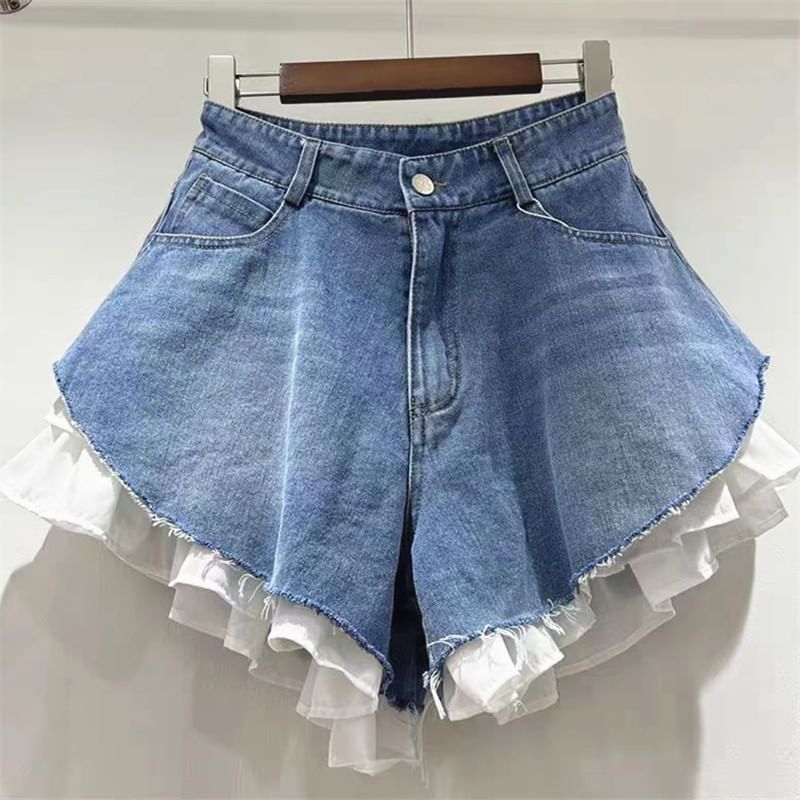 High Waist Ruffle Trim Fringed Washed Denim Shorts
