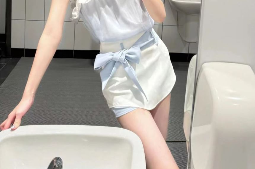 One-Shoulder Contrast Tank & High-Waist Two-Tone Skort