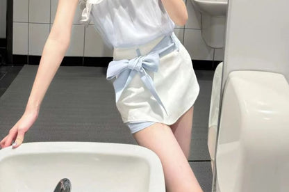 One-Shoulder Contrast Tank & High-Waist Two-Tone Skort