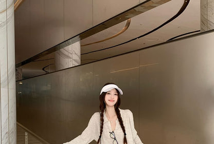 Plain Sheer Collared V-Neck Long-Sleeved Tee & Wide Shorts